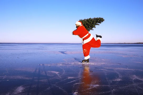 Santa Claus Spěchá Nový Rok Dárky Vánoční Stromeček Santa Claus — Stock fotografie