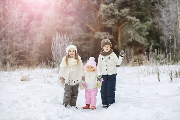 Familia Feliz Jugando Riendo Invierno Aire Libre Nieve Parque Ciudad — Foto de Stock