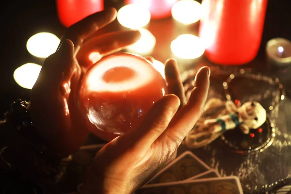 Vida Morta Mística Com Boneca Vodu Cartas Tarô Livros Velas — Fotografia de Stock