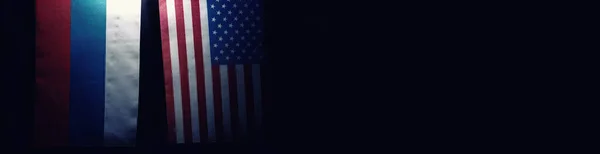 Diplomáciai Kapcsolatok Fogalma Amerikai Egyesült Államok Orosz Föderáció Zászlaja Szankciónyomás — Stock Fotó