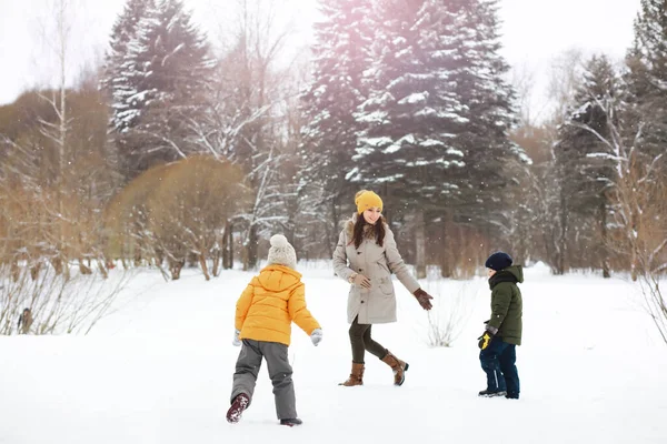 Famiglia Felice Giocare Ridere Inverno All Aperto Nella Neve Parco — Foto Stock