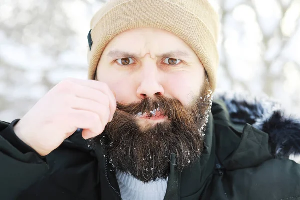 Bearded Man Winter Woods Attractive Happy Young Man Beard Walk — Stock Photo, Image