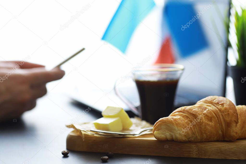 Fresh pastries on the table. French flavored croissant for breakfast.