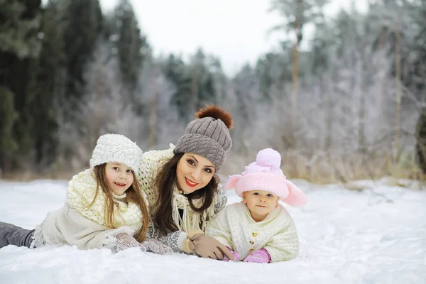 Família Feliz Brincando Rindo Inverno Livre Neve Parque Cidade Dia — Fotografia de Stock