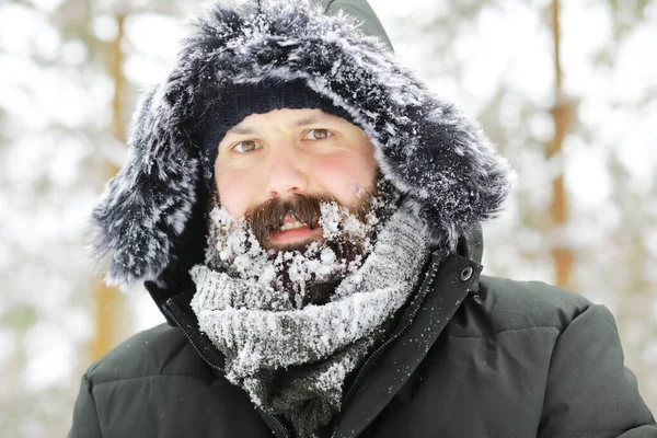 Bearded Man Winter Woods Attractive Happy Young Man Beard Walk — Stock Photo, Image