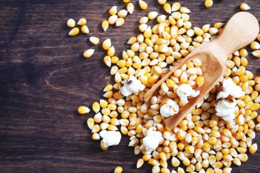 Bir grup sarı çiğ mısır taneleri tatlı mısır. Tahıl tohumları malzeme altın mısır çekirdeği. Ahşap masa olgun patlamış mısır arka planı.