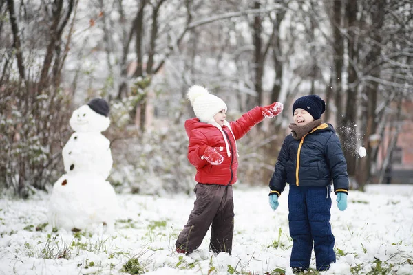 Copiii Din Parcul Iarnă Joacă Sno — Fotografie, imagine de stoc