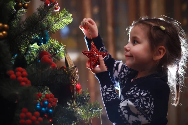 Little Girl Red Hat Waiting Santa Claus Merry Bright Christmas — Stock Photo, Image