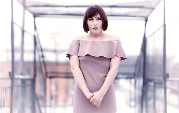 Ragazza Carina Posa Sul Ponte All Aperto Inverno Mattina — Foto Stock