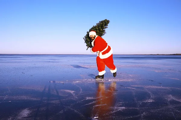 Santa Claus Apresura Cumplir Año Nuevo Con Regalos Árbol Navidad —  Fotos de Stock