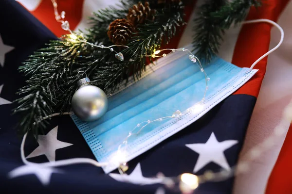 Veselé Vánoce Šťastný Nový Rok Krásná Karta Americkou Vlajkou Blahopřejeme — Stock fotografie