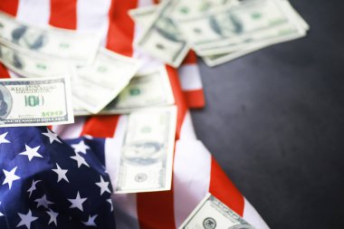 Birleşik Devletler Hukuku, adalet terazisi ve Amerikan bayrağı. Kavram. Para.