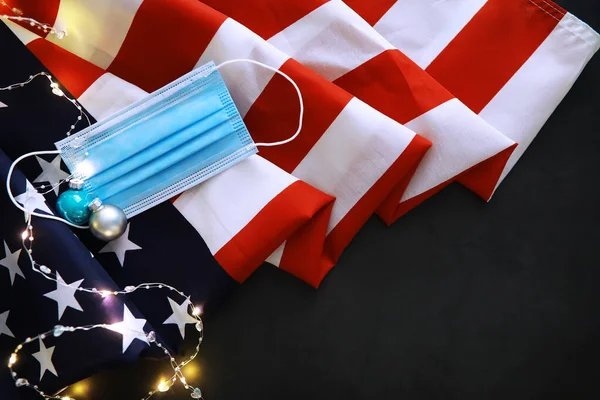 Feliz Navidad Feliz Año Nuevo Bonita Tarjeta Con Bandera Americana — Foto de Stock