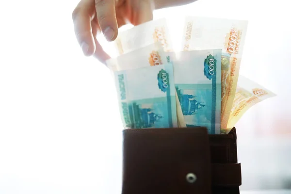 Bankbiljetten Met Opschrift 5000 Roebel Russisch Geld Heeft Een Waarde — Stockfoto