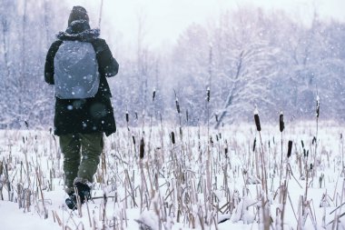 Kış ormanlarında sakallı adam. Çekici, mutlu, sakallı genç bir adam parkta yürüyor..