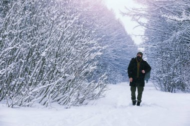 Kış ormanlarında sakallı adam. Çekici, mutlu, sakallı genç bir adam parkta yürüyor..