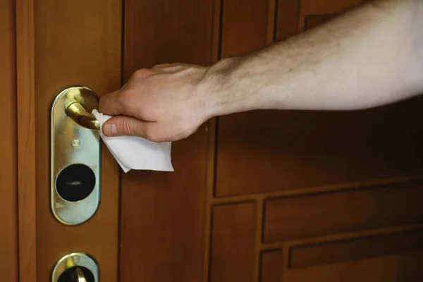 Concetto Pulizia Casa Pulire Polvere Dalle Superfici Disinfettante Trattamento Porta — Foto Stock