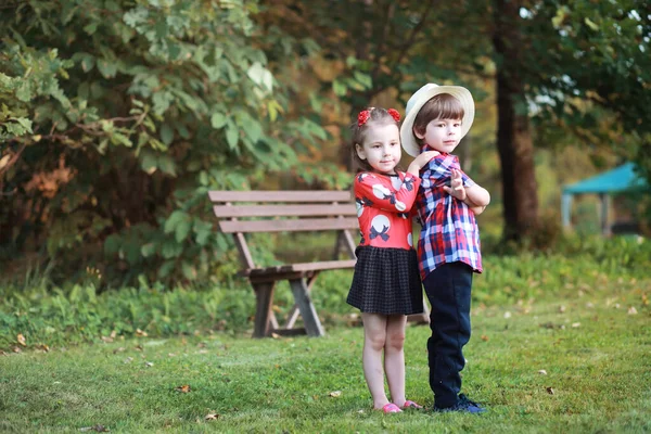 Bambini Una Passeggiata Nel Parco Autunnale Caduta Foglie Nel Parco — Foto Stock