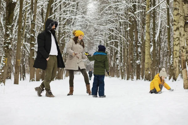 Boldog Család Játszik Nevet Télen Kint Hóban Városliget Téli Napja — Stock Fotó