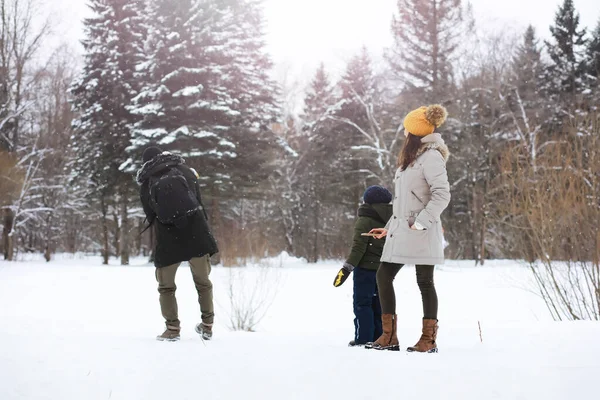 Familia Feliz Jugando Riendo Invierno Aire Libre Nieve Parque Ciudad — Foto de Stock