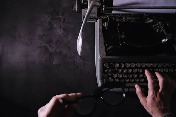 Vintage journalist tool. Typewriter retro. The writer is at work. Seal the novel. Journalist writer concept.