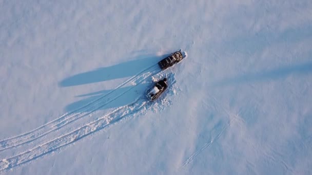 Kış Günü Karla Kaplı Sonsuz Çayırlarda Iki Arabanın Hava Manzarası — Stok video