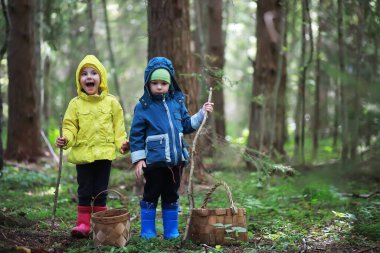 Çocuklar mantar için ormana gider.
