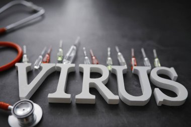 Tıbbi geçmişi var. Mektup virüsü. Coronavirus ahşap harfler. Dünyadaki en ölümcül salgın virüsünün geçmişi. Virüs Aşısı.
