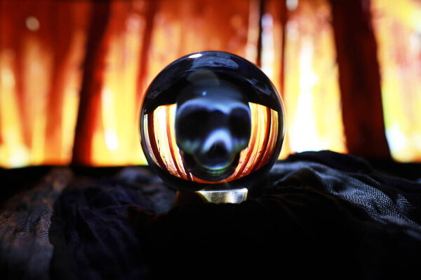 Скелет зомби Rising Of A GraveYard - Хэллоуин. Таинственные предсказания волшебного шара и дым на тёмной сцене. Предсказатель, сила разума, концепция предсказания. загадочная бэкгрурн