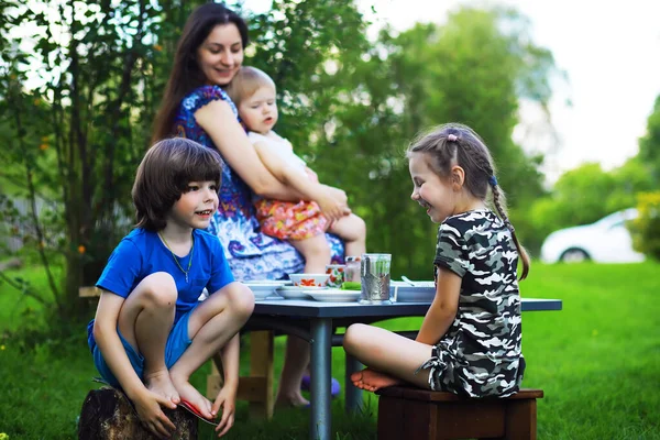 Young Large Family Picnic Summer Morning Beautiful Mother Children Having — Stock Photo, Image