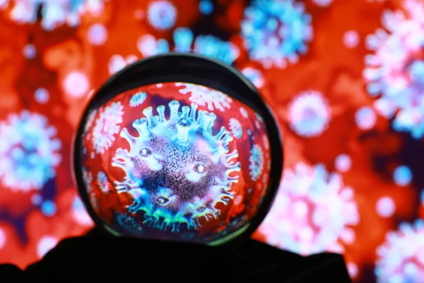 Collage Flu Las Células Del Virus Covid Sangre Bajo Microscopio — Foto de Stock