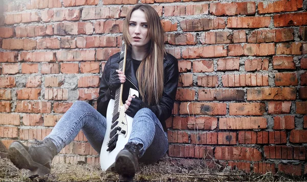 Beautiful Young Girl Rocker Electric Guitar Rock Musician Girl Leather — Stock Photo, Image