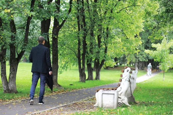 Giovane Con Gli Occhiali Cammina Nel Parco Con Ombrello Sotto — Foto Stock