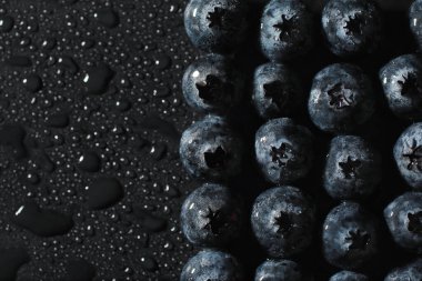 Olgun tatlı yaban mersinine su damlası. Metnin için fotokopi alanı olan taze yabanmersini arkaplanı. Vejetaryen ve vejetaryen kavramı. Yaban mersinli böğürtlenlerin makro dokusu. Yaban mersinli dokular kapanıyor.