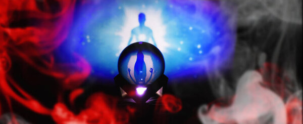 Milky way in magic sphere,Fortune teller,mind power concept. magic ball predictions. mysterious composition. Fortune teller, mind power, prediction concept. copy spac