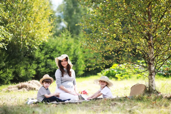 Familia Feliz Con Niños Haciendo Picnic Parque Padres Con Niños —  Fotos de Stock