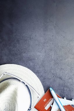 Seyahat konsepti. Turist aksesuarları uçuşta toplanıyor. Alkol, kamera, harita ögeleri.