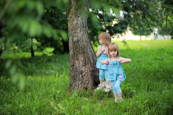 ママと2人の娘の双子公園を散歩 — ストック写真