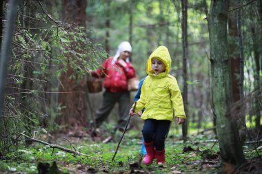 Çocuklar mantar için ormana gider.