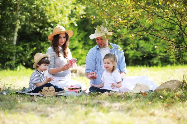 公園でピクニックをしている子供たち 庭の芝生に座ってスイカを屋外で食べる子供たちを持つ幸せな家族 — ストック写真