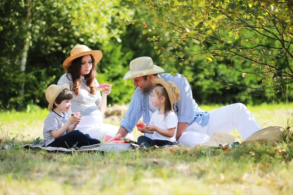 Familia Feliz Con Niños Haciendo Picnic Parque Padres Con Niños —  Fotos de Stock