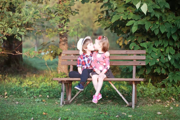 Sonbahar Parkında Yürüyüşe Çıkmış Çocuklar Yaprak Parkta Düşer Aile Düş — Stok fotoğraf