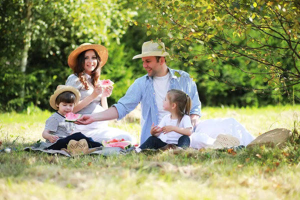 Familia Feliz Con Niños Haciendo Picnic Parque Padres Con Niños —  Fotos de Stock