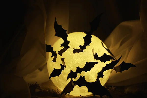 Schwarze Silhouetten Von Fledermäusen Auf Dem Hintergrund Des Mondes Halloween — Stockfoto