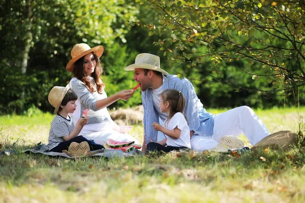 Família Feliz Com Crianças Fazendo Piquenique Parque Pais Com Crianças — Fotografia de Stock