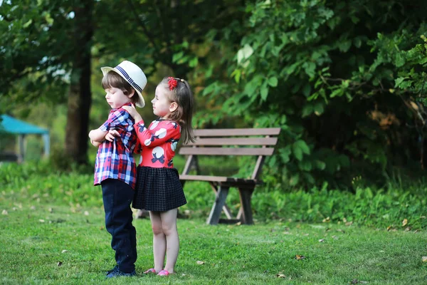 Bambini Una Passeggiata Nel Parco Autunnale Caduta Foglie Nel Parco — Foto Stock