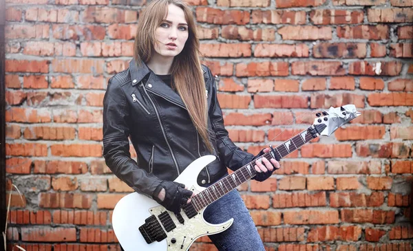 Beautiful Young Girl Rocker Electric Guitar Rock Musician Girl Leather — Stock Photo, Image