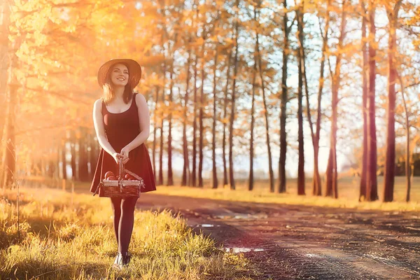 公園の散歩中の帽子の少女 秋に籠を持った女の子が歩いている 女の子は日没時に道路を歩いている — ストック写真