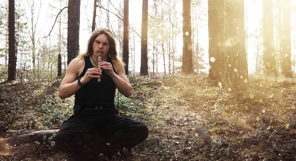 Musician Tool Nature Man Playing Flute Pine Forest Music Druids — Stock Photo, Image