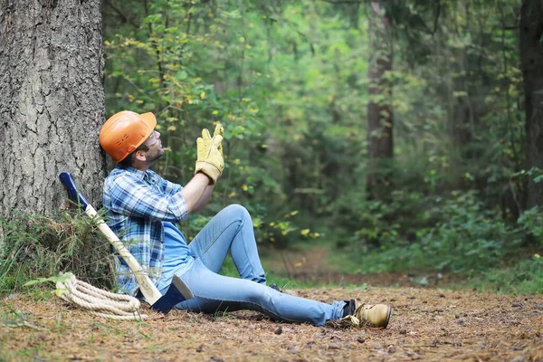 Männlicher Holzfäller Wald Profi Holzfäller Inspiziert Bäume Zur Fällung — Stockfoto